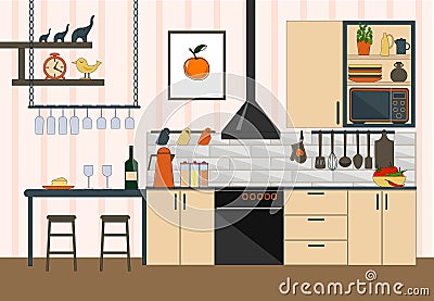 Kitchen interier. Kitchen furniture - cabinets with utensils, stove, microwave, food and a bar with glasses. Items for Vector Illustration