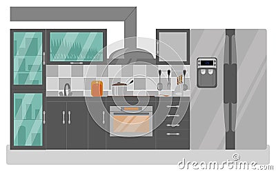 Kitchen interier. Furniture and refrigerator in a flat style. Vector Illustration
