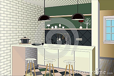 Kitchen interior background with furniture. Design of modern kitchen. Symbol furniture. Kitchen illustration Vector Illustration