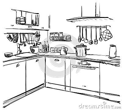 Kitchen interior drawing, vector illustration. Furniture sketch Vector Illustration