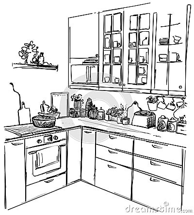 Kitchen interior drawing, vector illustration, sketch Vector Illustration