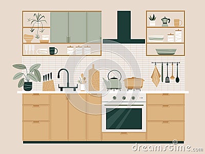 Kitchen interior with furniture and appliances in flat style. Modern interior design. Sustainable lifestyle Vector Illustration