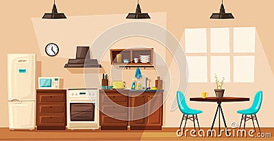 Kitchen interior with furniture. Cartoon vector illustration Vector Illustration
