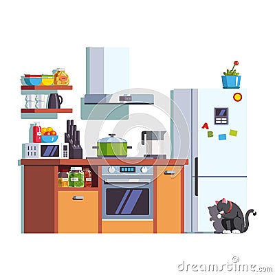 Kitchen interior furniture with Utensils and food Vector Illustration