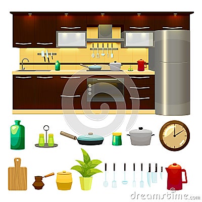 Kitchen Interior Icon Set Cartoon Illustration