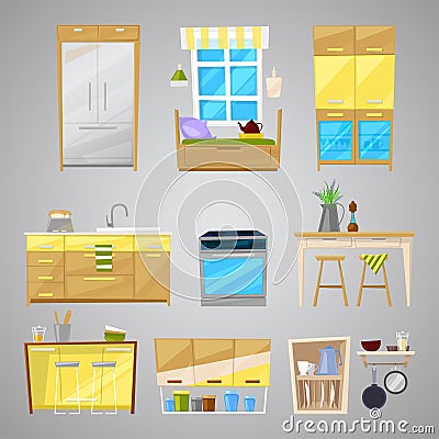 Kitchen interior vector furniture and home appliance of dining room in furnished interior illustration set of Vector Illustration