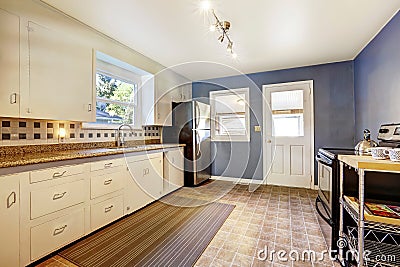 Kitchen interior with white cabinets and bright navy walls Stock Photo