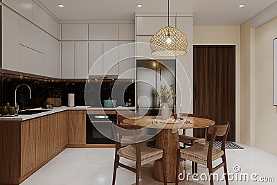 Kitchen Interior with Wooden Furniture and White Cupboard, 3D rendering Stock Photo