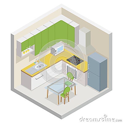 Kitchen isometric modern furniture room cutaway flat design isolated concept vector illustration Vector Illustration