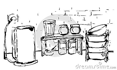 Kitchen, kettle, shelf with dishes and spices, plates. Cans of coffee and sugar. Still life with household items. Organization of Vector Illustration