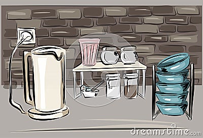 Kitchen, kettle, shelf with dishes and spices, plates. Cans of coffee and sugar. Still life with household items. Organization of Vector Illustration