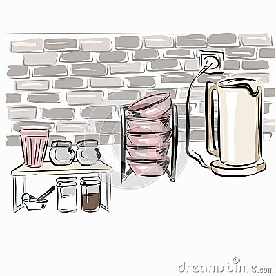 Kitchen, kettle, shelf with dishes and spices, plates. Cans of coffee and sugar. Still life with household items. Organization of Vector Illustration