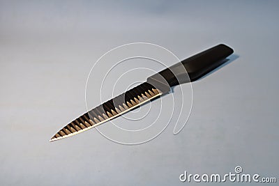 Kitchen knife with a black handle on a gray background. Stock Photo