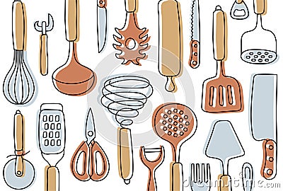 Kitchen knolling. Kitchenware sketch set. Doodle line vector utensils, tools and cutlery. Whisk, slotted spoon, scissors, rolling Vector Illustration