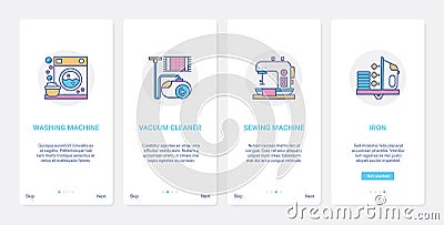 Kitchen line home appliances for cleaning household UX, UI mobile app page screen set Vector Illustration