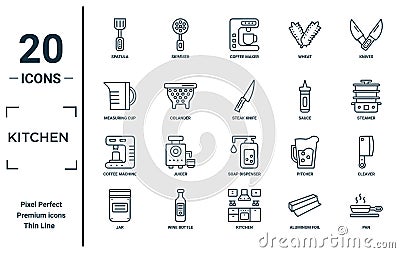 kitchen linear icon set. includes thin line spatula, measuring cup, coffee machine, jar, pan, steak knife, cleaver icons for Vector Illustration