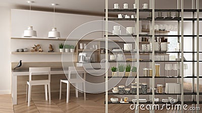 Kitchen living room shelving system foreground close-up, interior design concept, white modern room open plan Stock Photo