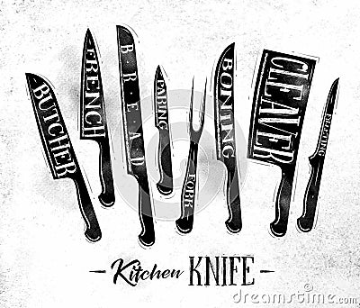 Kitchen meat cutting knifes poster chalk Vector Illustration