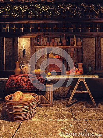 Kitchen in a medieval house Stock Photo