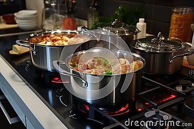 Kitchen melody Pots bubbling with cooking delights on gas stove Stock Photo
