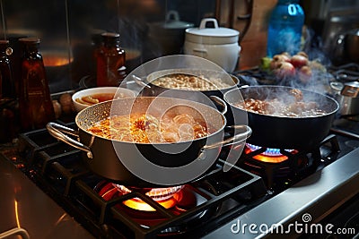 Kitchen melody Pots bubbling with cooking delights on gas stove Stock Photo