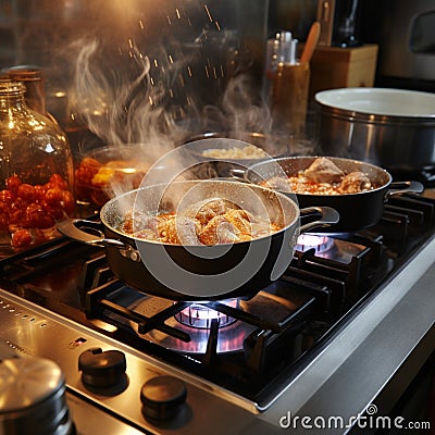 Kitchen melody Pots bubbling with cooking delights on gas stove Stock Photo