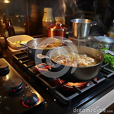 Kitchen melody Pots bubbling with cooking delights on gas stove Stock Photo