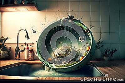 kitchen mess from clogged sink filled with dirty water and huge bowl Stock Photo