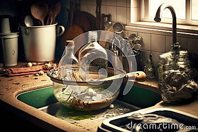 kitchen mess from clogged sink with large clear bottle and kitchen utensils around Stock Photo