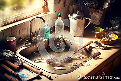 kitchen mess from clogged sink with large clear bottle and kitchen utensils around Stock Photo