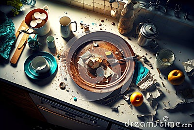 kitchen mess in clogged sink with leftover food, dirty plates and aliances with drops of coffee on table Stock Photo