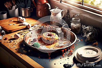 kitchen mess in clogged sink with leftover food, dirty plates and aliances with drops of coffee on table Stock Photo