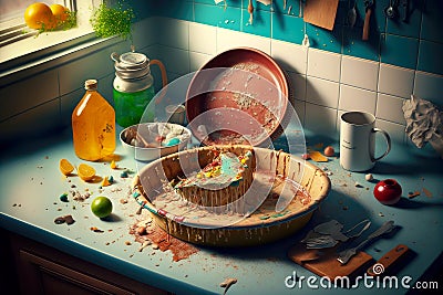 kitchen mess from dirty plates, food leftovers on table and clogged sink Stock Photo