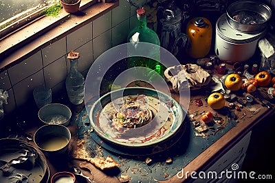 kitchen mess from dirty plates, food leftovers on table and clogged sink Stock Photo