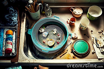kitchen mess in dirty sink with detergent and dirty baby dishes with cans of canned food Stock Photo