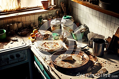 kitchen mess due to clogged sink from rotten and moldy food and dirty plates Stock Photo