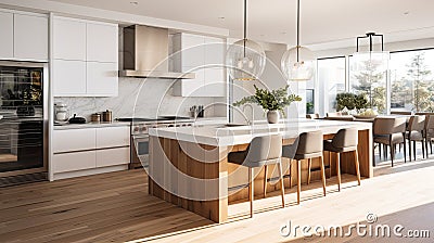 a kitchen in a new luxury home. Showcase a large waterfall island, stainless steel appliances, white cabinets, and Stock Photo