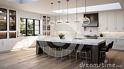 a kitchen in a new luxury home. Showcase a large waterfall island, stainless steel appliances, white cabinets, and Stock Photo