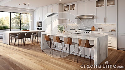 a kitchen in a new luxury home. Showcase a large waterfall island, stainless steel appliances, white cabinets, and Stock Photo