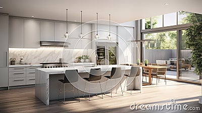 a kitchen in a new luxury home. Showcase a large waterfall island, stainless steel appliances, white cabinets, and Stock Photo