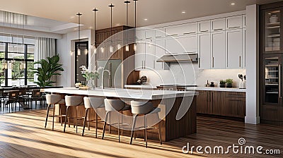 a kitchen in a new luxury home. Showcase a large waterfall island, stainless steel appliances, white cabinets, and Stock Photo