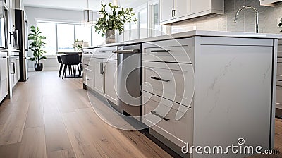 a kitchen in a new luxury home. Showcase a large waterfall island, stainless steel appliances, white cabinets, and Stock Photo