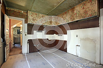 Kitchen in old abandoned home Stock Photo