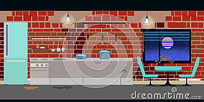 Kitchen in an old dirty apartment. brick wall, table, refrigerator. For 2d games location. Vector illustration Vector Illustration