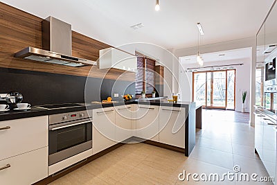 Kitchen open on dining room Stock Photo