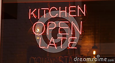 Kitchen Open Late Neon Sign Stock Photo