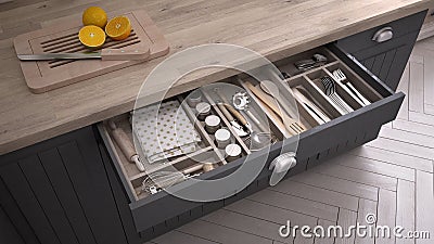 Kitchen opened drawer full of kitchenware Cartoon Illustration