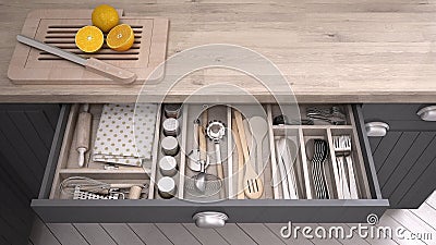 Kitchen opened drawer full of kitchenware Cartoon Illustration