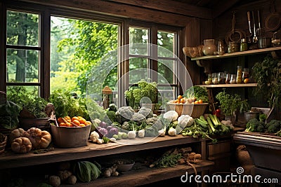 A kitchen overflowing with an assortment of vibrant, freshly harvested vegetables., A rustic kitchen filled with organic foods and Stock Photo
