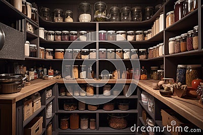 kitchen pantry, filled with neatly organized food and spices Stock Photo